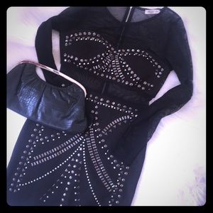 Sheer crop top embellished illusion LBD dress